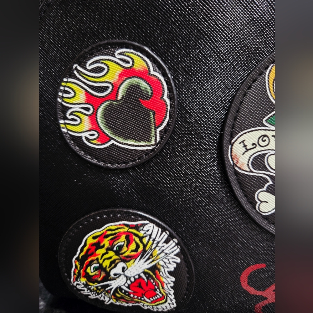 NEW Ed Hardy Black Women's Bag Backpack with Patches 12"x9"x5" NWT - Picture 6 of 7